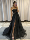 Black sweetheart neck tulle long prom dress, black tulle evening dress HZ1023