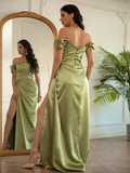Sheath/Column Elastic Woven Satin Ruched Off-the-Shoulder Sleeveless Floor-Length Prom Dress HZ1023