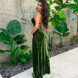 Velvet Backless Bandage Green Slip Dress Prom Dress HZ1023