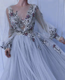 Simple Tulle Lilac Long Sleeves Long Prom Dresses HZ1023