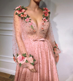 Beautiful Long Sleeves V Neck 3D Flowers Pink Prom Dresses Formal Dress HZ1023