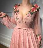 Beautiful Long Sleeves V Neck 3D Flowers Pink Prom Dresses Formal Dress HZ1023