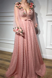 Beautiful Long Sleeves V Neck 3D Flowers Pink Prom Dresses Formal Dress HZ1023