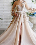 Long Sleeve Lace Appliques Beading Sequins A Line Beading Sequins Crystal Prom Dress Evening Gowns HZ1023