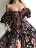 Off-The-Shoulder Beaded Decorate Floral Print Mesh Split-Side Prom Dress Long Evening Dress HZ1023