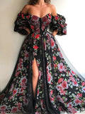 Off-The-Shoulder Beaded Decorate Floral Print Mesh Split-Side Prom Dress Long Evening Dress HZ1023