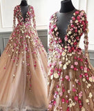Champagne Prom Dress, 3d Flowers Prom Dress, Long Sleeve Prom Dress, Elegant Prom Dress HZ1023