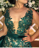 Green Straps Appliques Side-Slit Sleeveless A-Line Prom Dress HZ1023