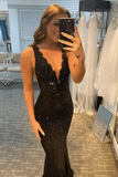 Black Mermaid Prom Dresses Open Back V Neck With Rhinestone HZ1023