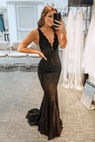 Black Mermaid Prom Dresses Open Back V Neck With Rhinestone HZ1023