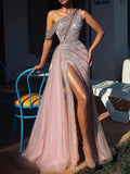 Shiny One-Shoulder Hollow Empire Split-Side Pink Evening Prom Dress HZ1023