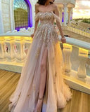 Elegant Champagne tulle corset prom dresses off the shoulder with sequin lace embroidery HZ1023