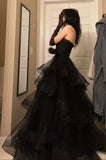 Princess A Line Sweetheart Neck Black Tiered Tulle Long Prom Dress Evening Dress HZ1023