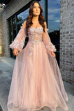 Pink Tulle Strapless Puff Sleeve A-Line Prom Dress HZ1023