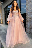 Pink Tulle Strapless Puff Sleeve A-Line Prom Dress HZ1023