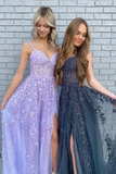 Elegant A Line V Neck Purple/Black Tulle Lace Long Prom Dresses, Purple/Black Lace Formal Graduation Evening Dress HZ1023
