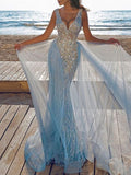 Spaghetti-Neck V-Neck Sequined Split-Joint Mesh Wedding Maxi Dress HZ1023