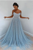 Elegant Light Blue Tulle Sequins Evening Dress Strapless Long Prom Dress HZ1023