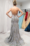 Mermaid V-Neck Silver Long Prom Dress with Open Back HZ1023