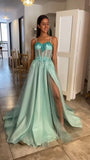 Long Spaghetti Straps A-line Mint Green Slit Prom Dresses, Long Prom Dresses HZ1023