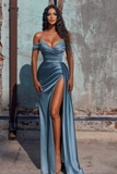 V Neck Pleats Off-the-Shoulder Dusty Blue Mermaid Prom Dresses HZ1023