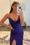 Women's Spaghetti Straps Purple Sequins Sparkly Prom Dress with Slit, V Neck Mermaid Purple Formal Graduation Evening Dresses HZ1023