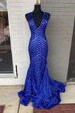 Plunge Royal Blue Sequins Mermaid Long Evening Dress HZ1023