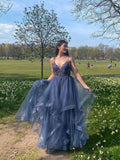 GRAY BLUE V NECK TULLE LACE LONG PROM DRESS BLUE FORMAL DRESS HZ1023