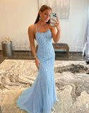Mermaid Applique Long Prom Dress Backless Evening Dress HZ1023