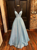 Simple Blue V Neck Sequin Long Prom Dress,A Line Blue Evening Dress HZ1023