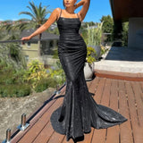 Mermaid Sleeveless Evening Party Sling Prom Dress Stretch Black Floor Length Gown HZ1023