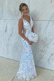 Sparkle white sequin prom dresses mermaid evening dress,v back prom dress HZ1023