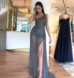 Sparkly Sequin Tulle One Shoulder Sexy High Slit Prom Dresses ,Prom outfits HZ1023