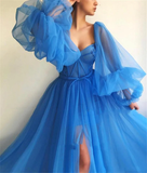 Embroidered Corset Puffy Sleeve Mesh Tulle Ball Gown Thigh Split Bridesmaid Dress HZ1023