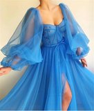 Embroidered Corset Puffy Sleeve Mesh Tulle Ball Gown Thigh Split Bridesmaid Dress HZ1023
