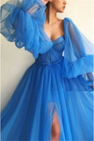 Embroidered Corset Puffy Sleeve Mesh Tulle Ball Gown Thigh Split Bridesmaid Dress HZ1023