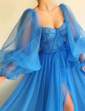 Embroidered Corset Puffy Sleeve Mesh Tulle Ball Gown Thigh Split Bridesmaid Dress HZ1023