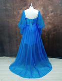 Embroidered Corset Puffy Sleeve Mesh Tulle Ball Gown Thigh Split Bridesmaid Dress HZ1023
