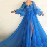 Embroidered Corset Puffy Sleeve Mesh Tulle Ball Gown Thigh Split Bridesmaid Dress HZ1023