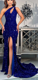 Sparkle Sequin Royal Blue Mermaid Slit One Shoulder Prom Dresses HZ1023