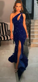 Sparkle Sequin Royal Blue Mermaid Slit One Shoulder Prom Dresses HZ1023