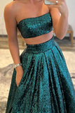 Emerald Green Sequins Two Piece Prom Dress with Pockets HZ1023