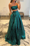 Emerald Green Sequins Two Piece Prom Dress with Pockets HZ1023
