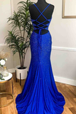 Royal Blue Beaded Cowl Neck Mermaid Long Prom Dress HZ1023