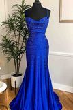 Royal Blue Beaded Cowl Neck Mermaid Long Prom Dress HZ1023