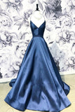 A-Line Blue Spaghetti Straps Satin Prom Dresses,V-Neck Blue Sexy Evening Party Dress HZ1023