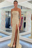 Gold Sequin Strapless Backless Mermaid Prom Dress HZ1023