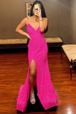 Straps Hot Pink Sequins Mermaid Long Prom Dress HZ1023