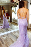 Trumpet Lace Backless Lilac Long Prom Dresses HZ1023