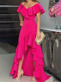 Deep V-Neck Ruffle Hem Slit Hot Pink Prom Dress HZ1023